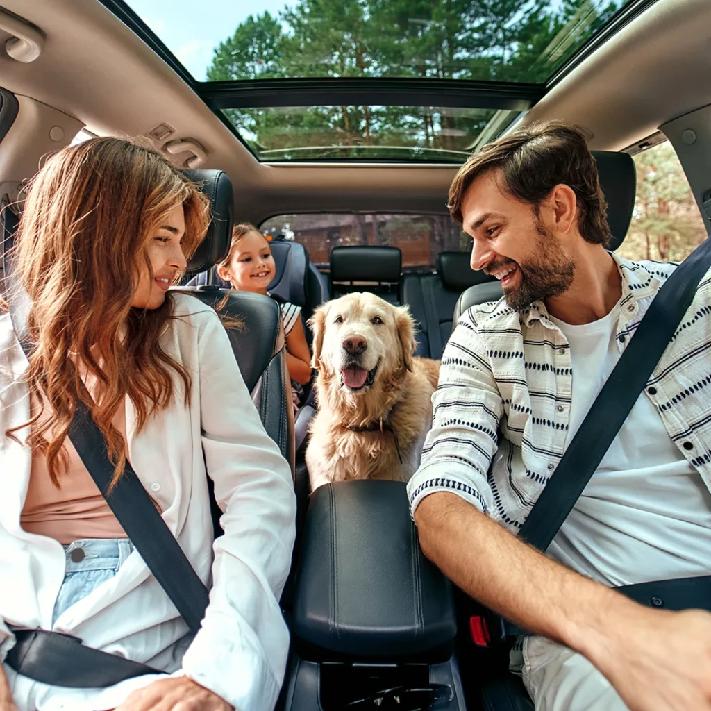 Family Traveling Together With Their Dog Family sitting in a car with their dog in the back seat, sharing a calm and happy moment while traveling together