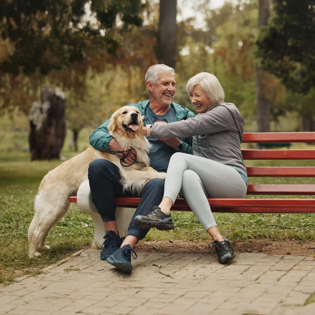 Seniors Enjoying Time With Their Dog Outdoors Older couple sitting on a park bench laughing while spending time with their dog in a peaceful outdoor setting